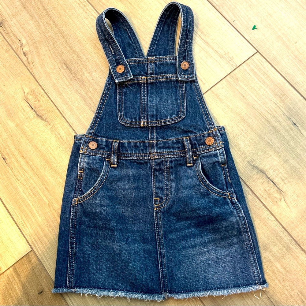 Old Navy Baby Girls Overalls 3T Denim Dress Frayed Hem Dark Wash